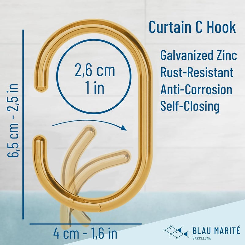 Blau Marité 12 Metal Shower Curtain Hooks, Rust-Proof Decorative C-Shaped Curtain Hooks for Bathroom, Golden Shower Curtain Rings, Fits Rods Up to 1 Inch (C, Gold) - Image 2